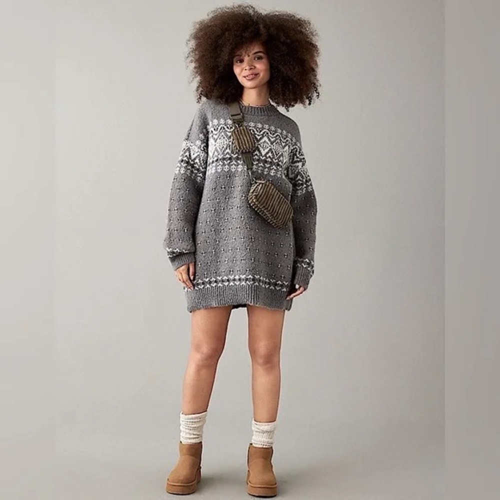 American Eagle Fair Isle Crewneck Sweater Dress Womens Large Oversized Cozy Knit